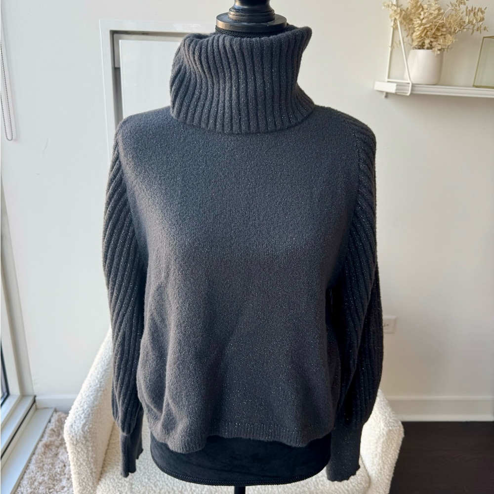 Express Dark Gray Metallic Ballon Sleeve Turtleneck Sweater Size Medium